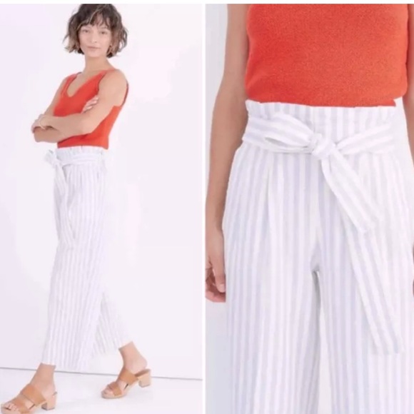 Madewell Pants Small Blue Cream Stripe Wide Leg Linen High Waisted - Picture 2 of 6
